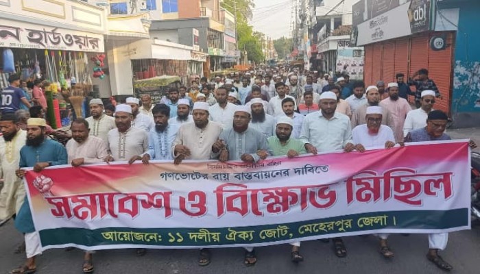 গণভোটের রায় বাস্তবায়নের দাবিতে মেহেরপুরে ১১ দলীয় জোটের বিক্ষোভ মিছিল ।
