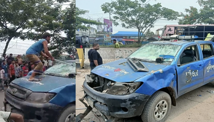 ​জয় বাংলা’ স্লোগান দিয়ে পুলিশের গাড়ি ভাঙচুর