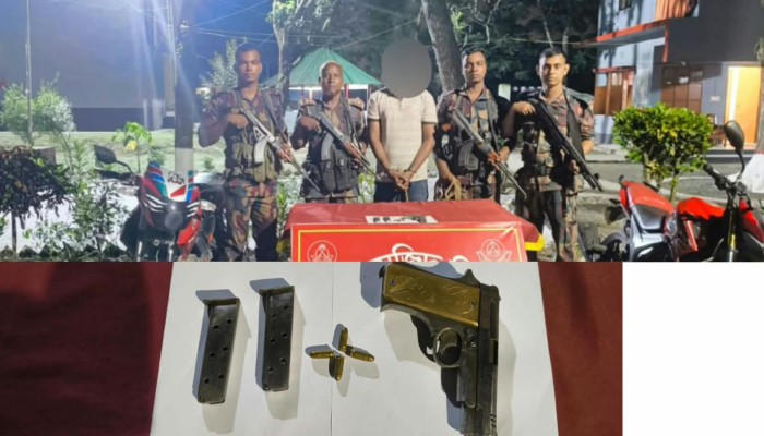 শিবগঞ্জ সীমান্তে ৫৯ বিজিবি’র অভিযান ১টি বিদেশি পিস্তল ও গুলিসহ আটক ১