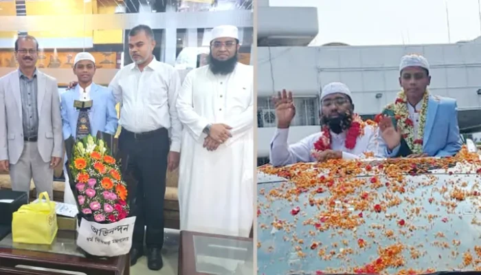 বিমানবন্দরে বিশ্বজয়ী হাফেজ ইহতেশামুল হক হিরাকে সংবর্ধনা